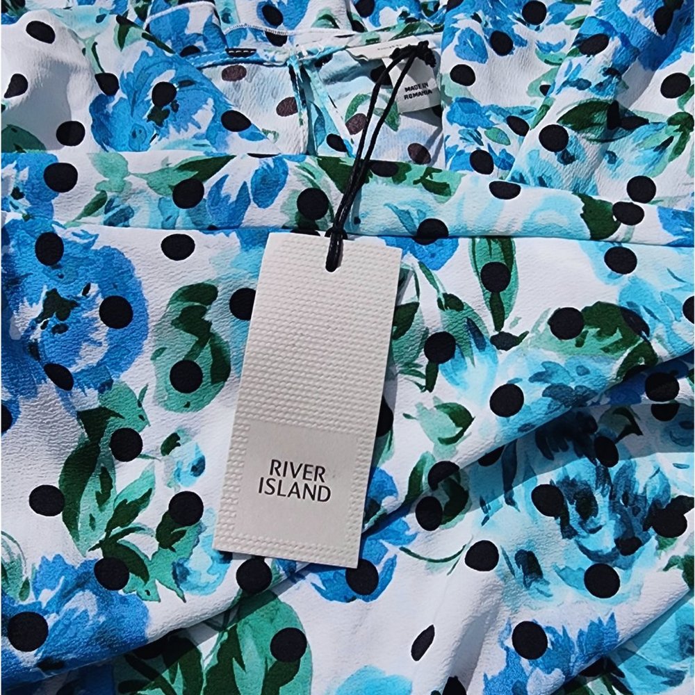 River Island floral print drapey skater Polka dot dress blue, UK size 8 (US 4) - Picture 7 of 8